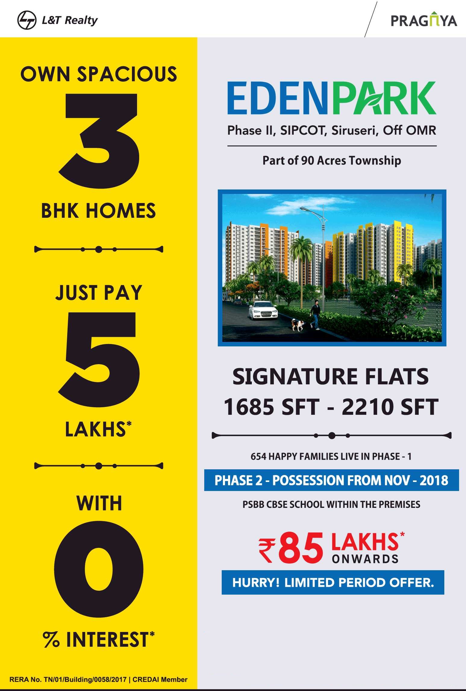 Book own spacious 3 bhk homes at L & T Eden Park in  Chennai Update